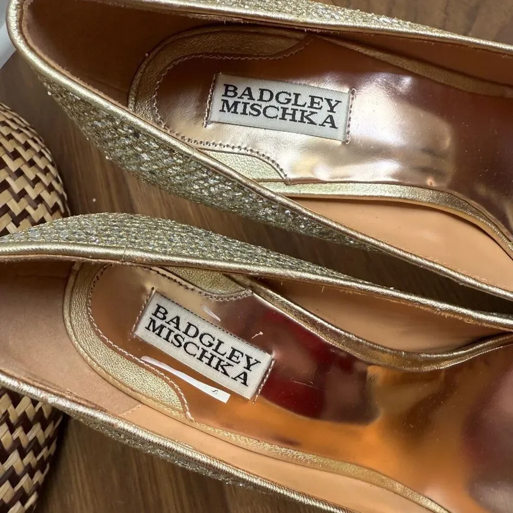 Badgley Mischka Humbie II Glitter Peep Toe Heel Gold Silver 9.5